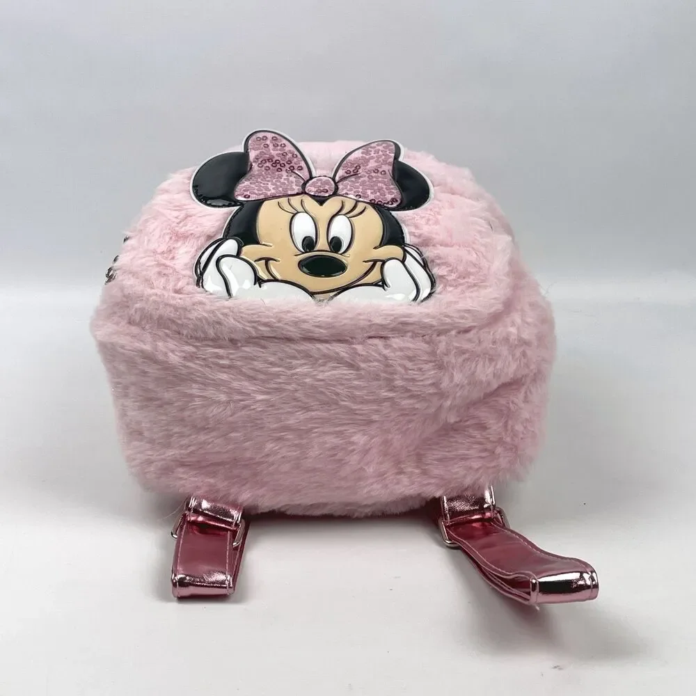 Disney Minnie Mouse Faux Fur Mini Backpack Pink Fuzzy Sequin Bag EUC
